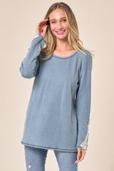 Light Blue Textured Rib Crochet Lace Detail Long Sleeve Maternity Top