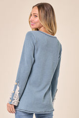 Light Blue Textured Rib Crochet Lace Detail Long Sleeve Top