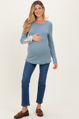 Light Blue Textured Rib Crochet Lace Detail Long Sleeve Maternity Top