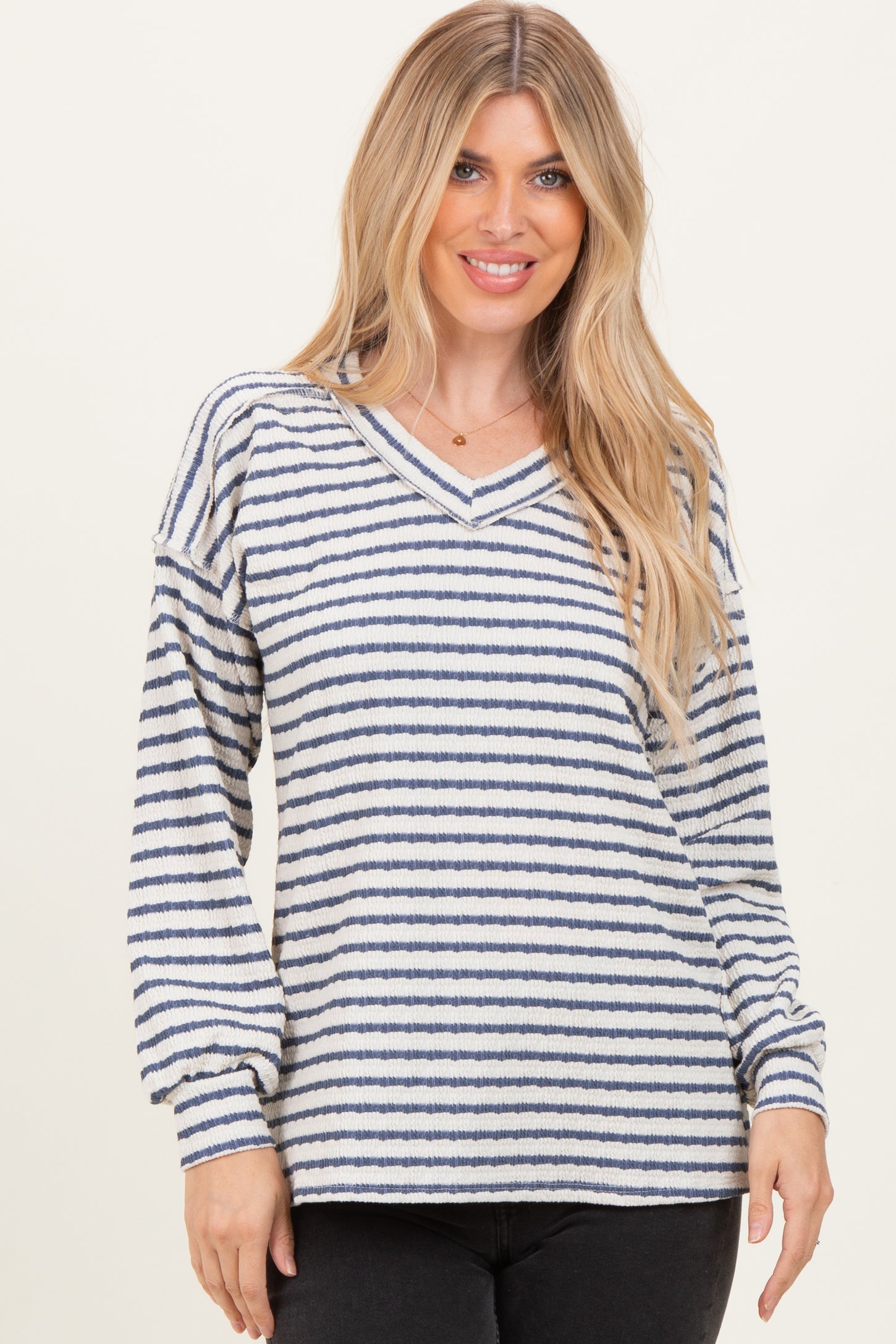 Cream/Navy Long Puff Sleeve V-Neck Striped Top