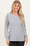 Cream/Navy Long Puff Sleeve V-Neck Striped Top