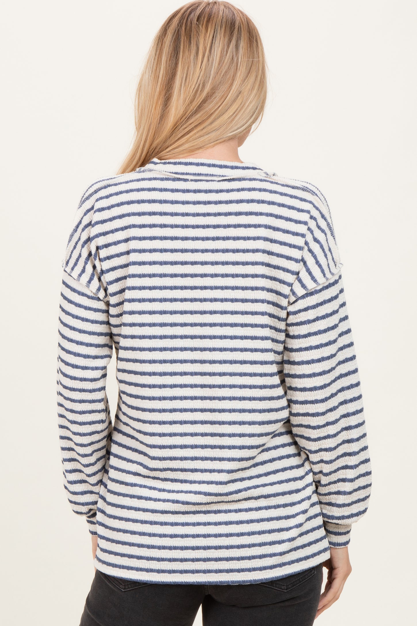 Cream/Navy Long Puff Sleeve V-Neck Striped Top