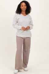 Cream/Taupe Long Puff Sleeve V-Neck Striped Top