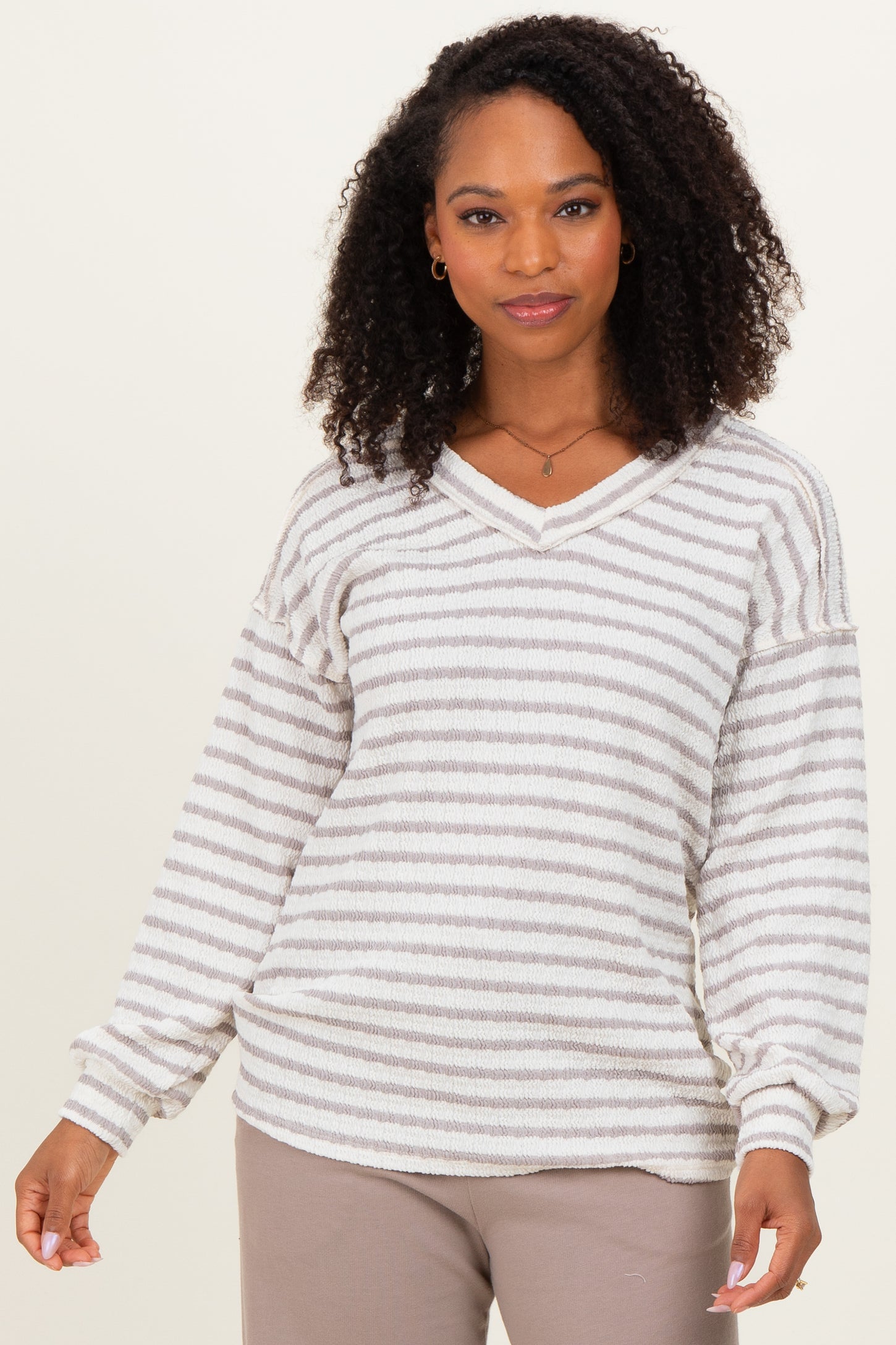 Cream/Taupe Long Puff Sleeve V-Neck Striped Maternity Top