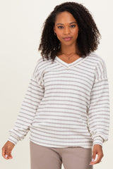Cream/Taupe Long Puff Sleeve V-Neck Striped Maternity Top