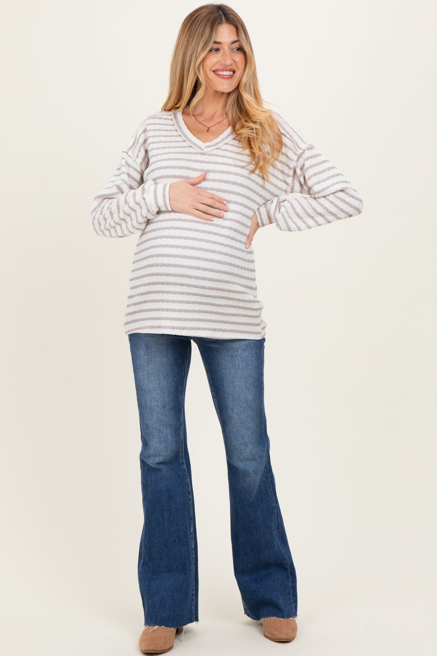 Cream/Taupe Long Puff Sleeve V-Neck Striped Maternity Top