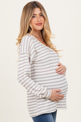 Cream/Taupe Long Puff Sleeve V-Neck Striped Maternity Top