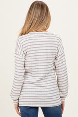 Cream/Taupe Long Puff Sleeve V-Neck Striped Maternity Top