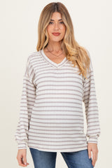 Cream/Taupe Long Puff Sleeve V-Neck Striped Maternity Top