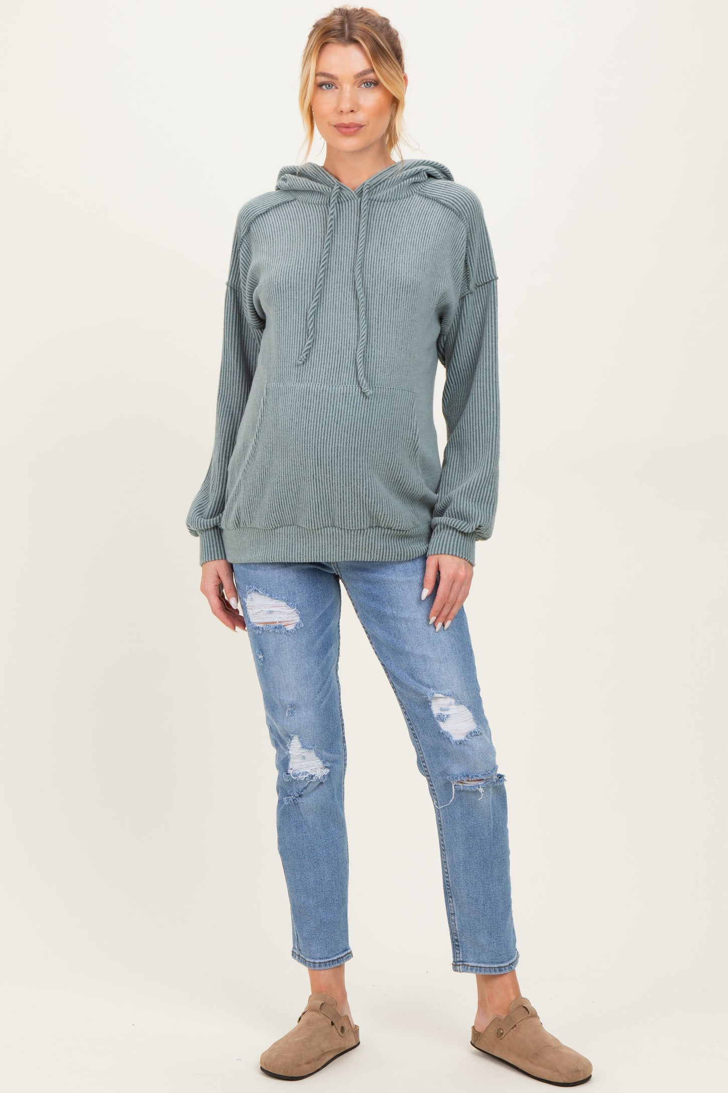 Olive Long Sleeve Brushed Urban Rib Maternity Hoodie Top