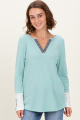 Mint Green Waffle Knit Colorblock Long Sleeve Top