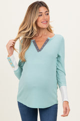 Mint Green Waffle Knit Colorblock Maternity Long Sleeve Top