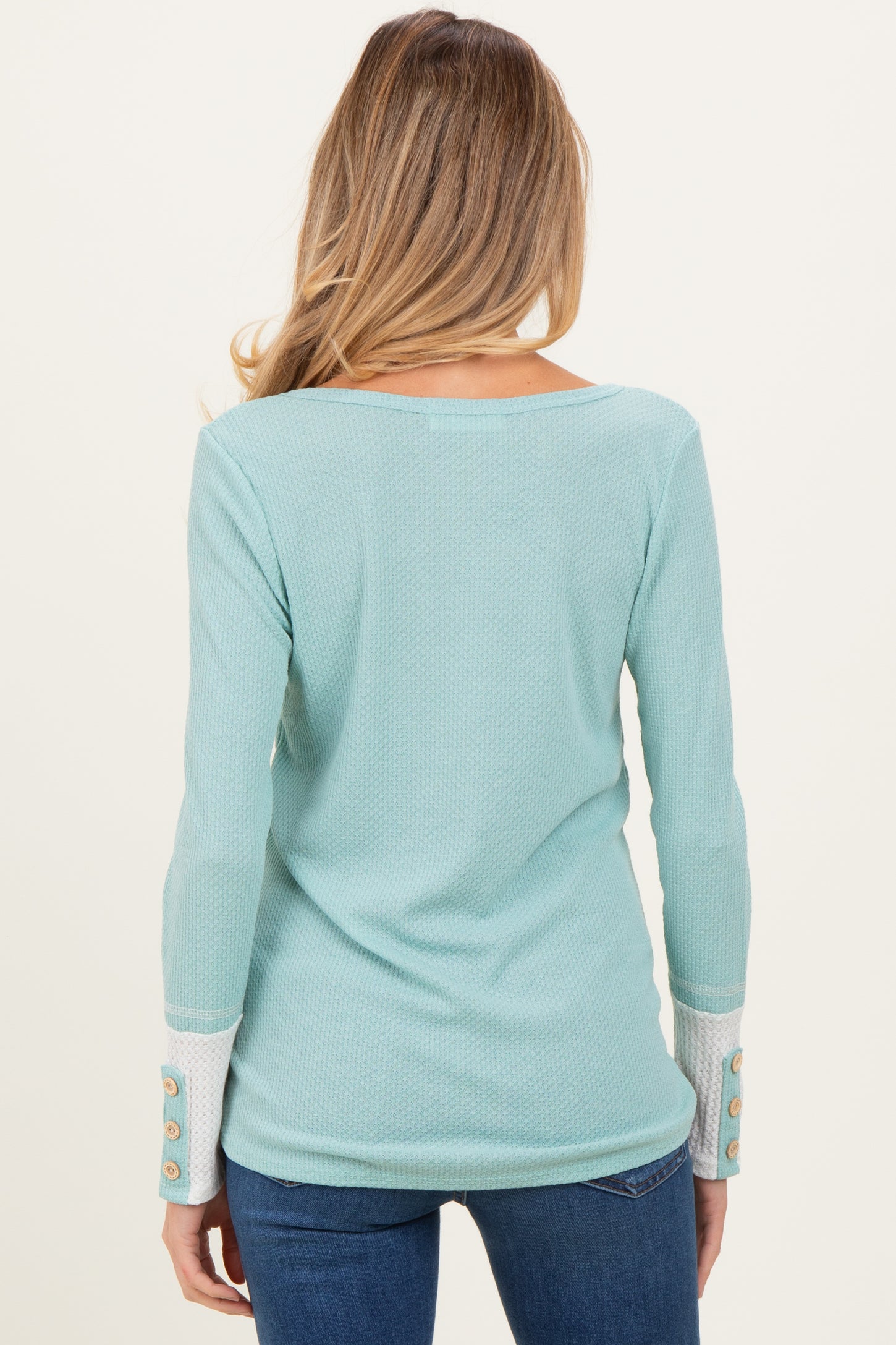 Mint Green Waffle Knit Colorblock Maternity Long Sleeve Top