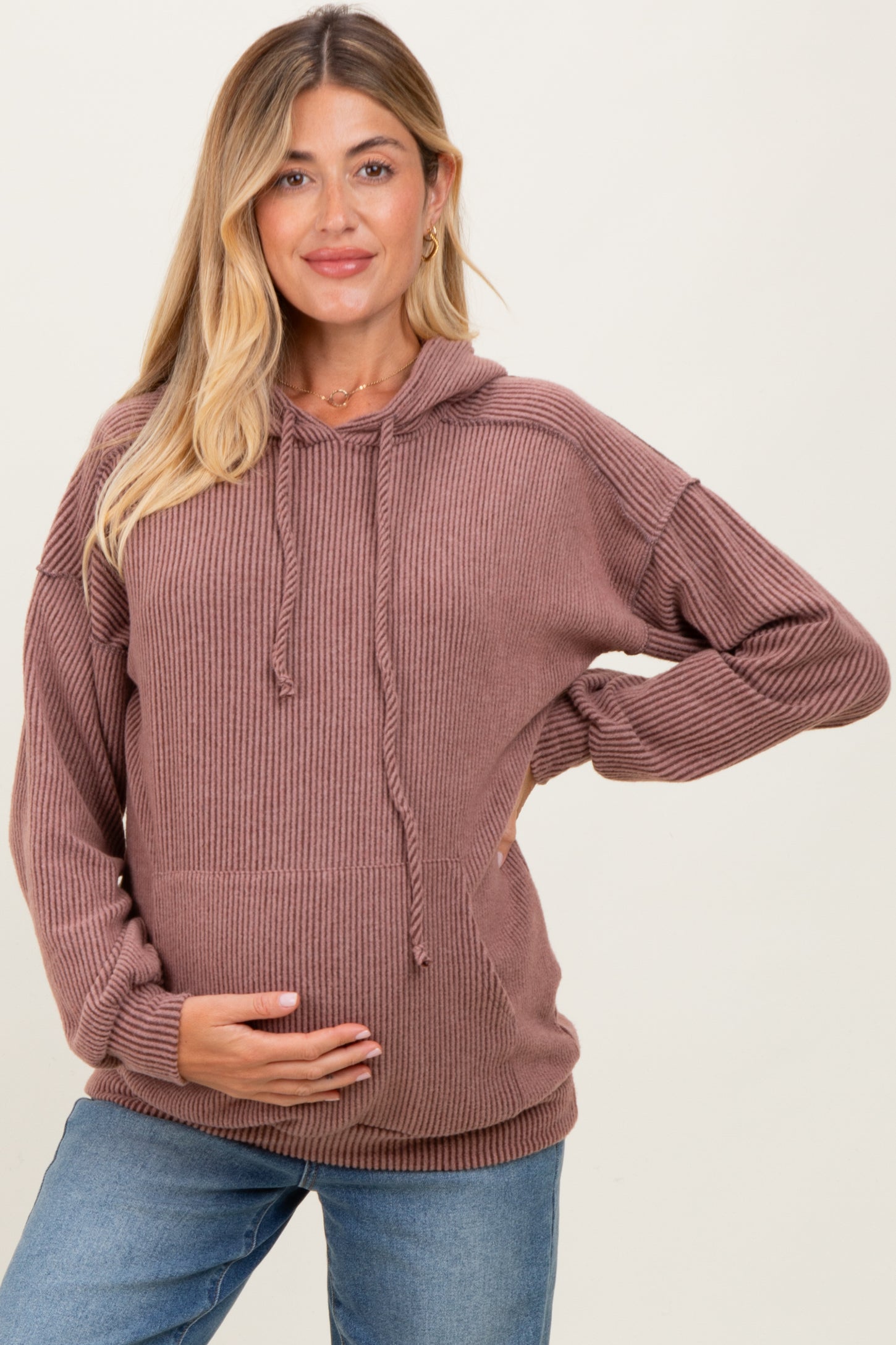 Brown Long Sleeve Brushed Urban Rib Maternity Hoodie Top