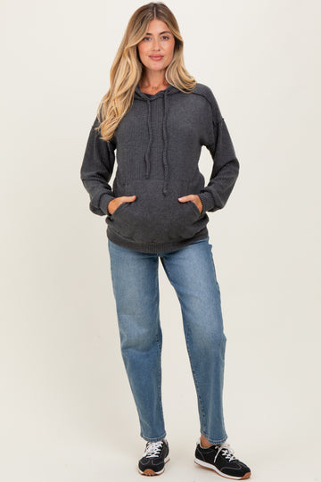 Charcoal Long Sleeve Brushed Urban Rib Maternity Hoodie Top