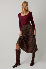 Brown Plaid Pleated Maternity Midi Skirt
