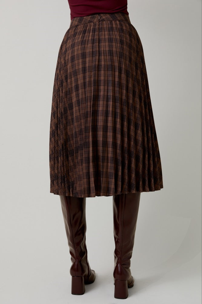 Brown Plaid Pleated Midi Skirt