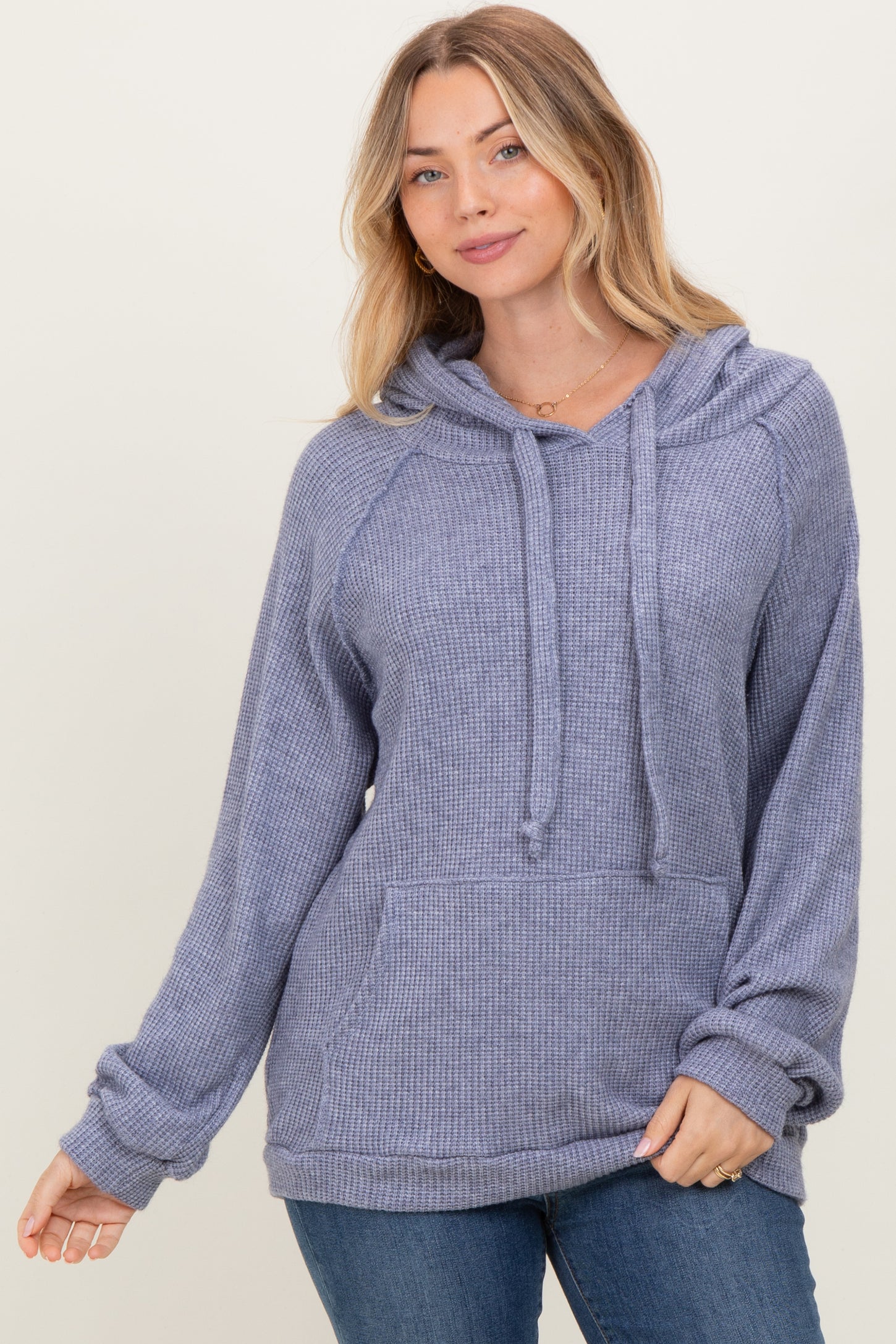 Denim Blue Long Sleeve Solid Maternity Hoodie Top