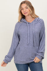 Denim Blue Long Sleeve Solid Hoodie Top