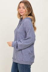 Denim Blue Long Sleeve Solid Hoodie Top