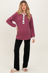 Burgundy Long Sleeve Contrast Button Detail Rib Maternity Top