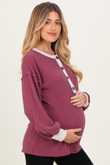 Burgundy Long Sleeve Contrast Button Detail Rib Maternity Top