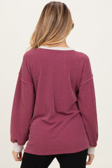 Burgundy Long Sleeve Contrast Button Detail Rib Maternity Top