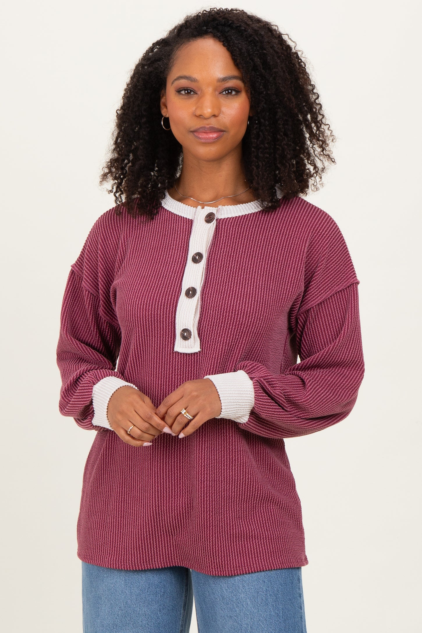Burgundy Long Sleeve Contrast Button Detail Rib Maternity Top