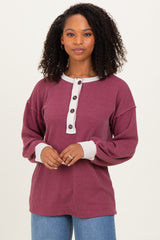 Burgundy Long Sleeve Contrast Button Detail Rib Maternity Top