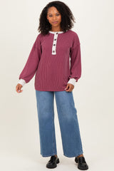 Burgundy Long Sleeve Contrast Button Detail Rib Top