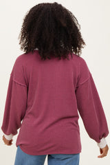 Burgundy Long Sleeve Contrast Button Detail Rib Top