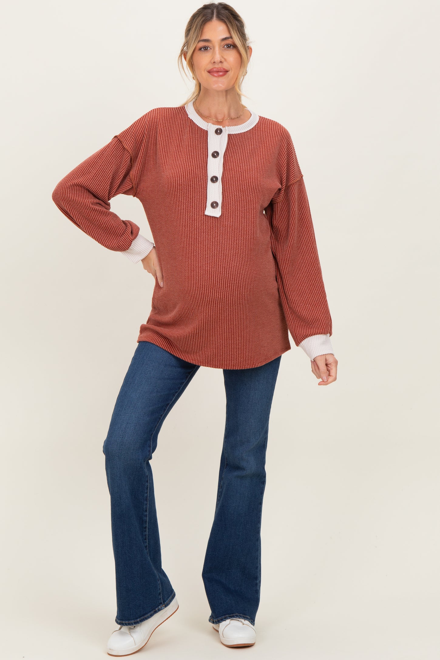 Rust Long Sleeve Contrast Button Detail Rib Maternity Top