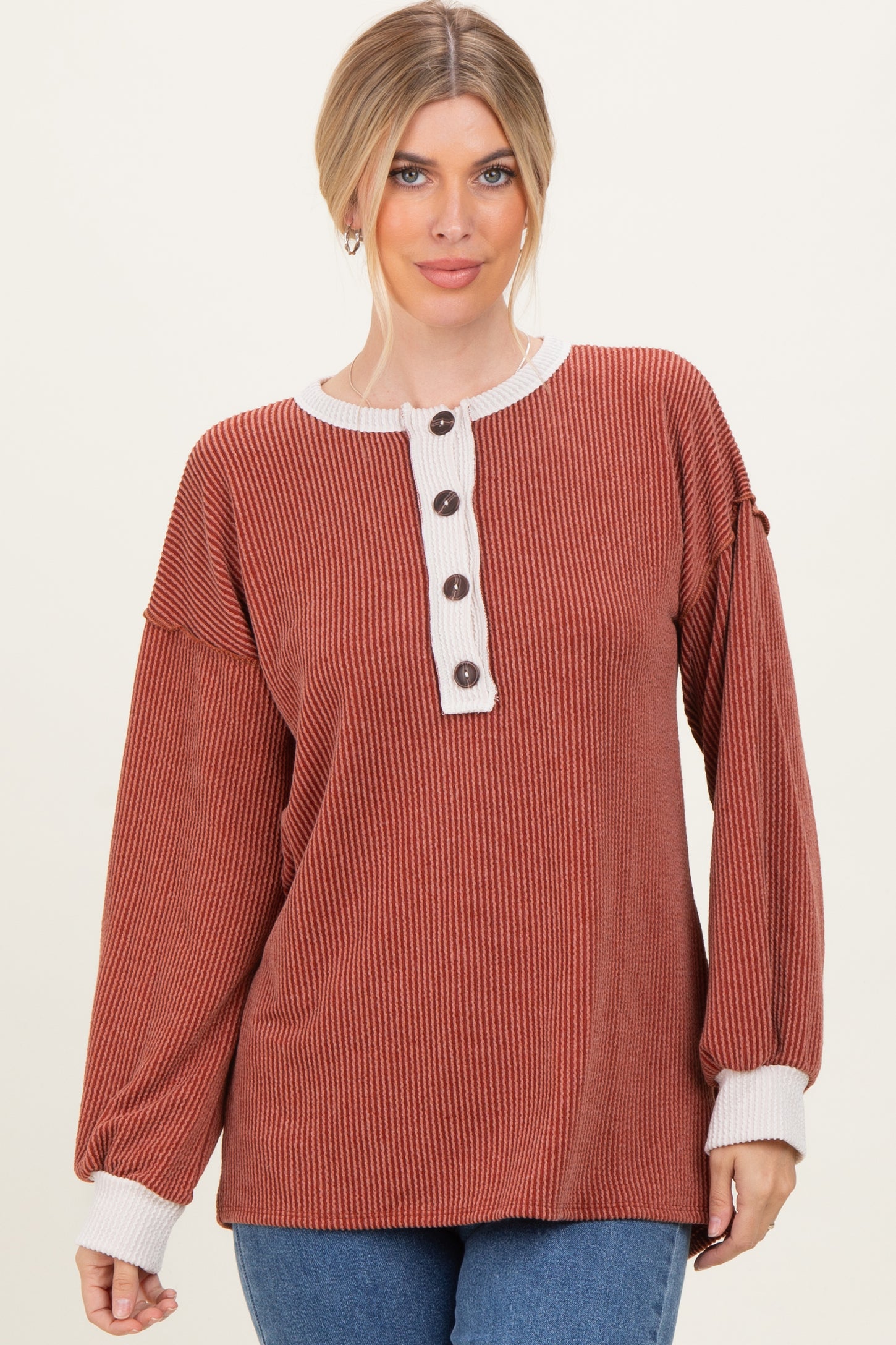 Rust Long Sleeve Contrast Button Detail Rib Maternity Top
