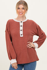 Rust Long Sleeve Contrast Button Detail Rib Top
