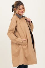 Camel Plaid Contrast A-Line Maternity Midi Trench Coat