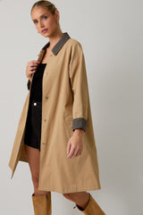 Camel Plaid Contrast A-Line Midi Trench Coat