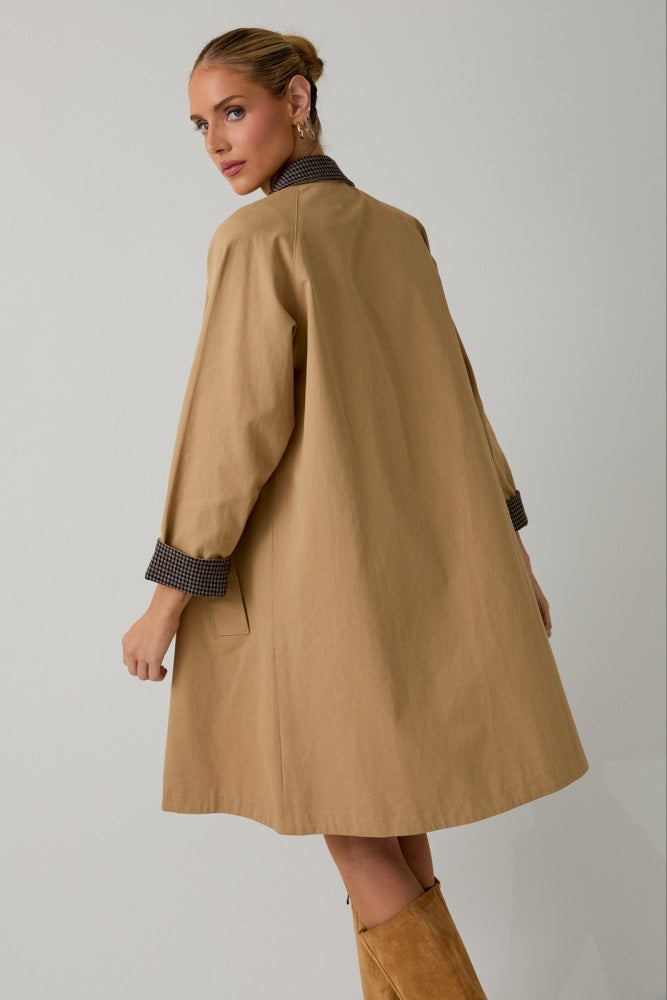 Camel Plaid Contrast A-Line Midi Trench Coat