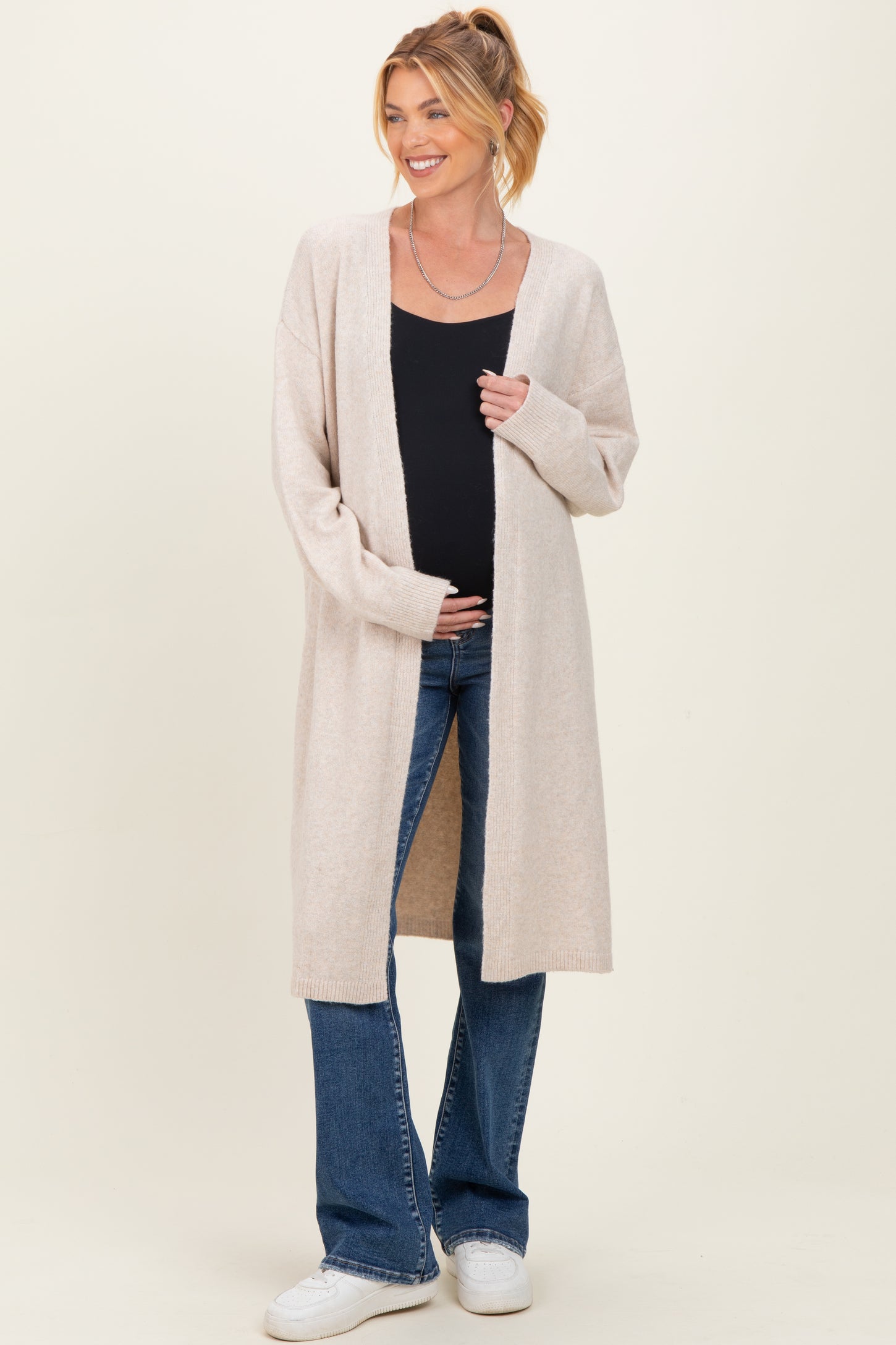 Cream Brushed Knit Maternity Open Long Cardigan