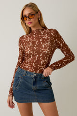 Brown Printed Mesh Mock Neck Maternity Long Sleeve