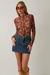 Brown Printed Mesh Mock Neck Long Sleeve