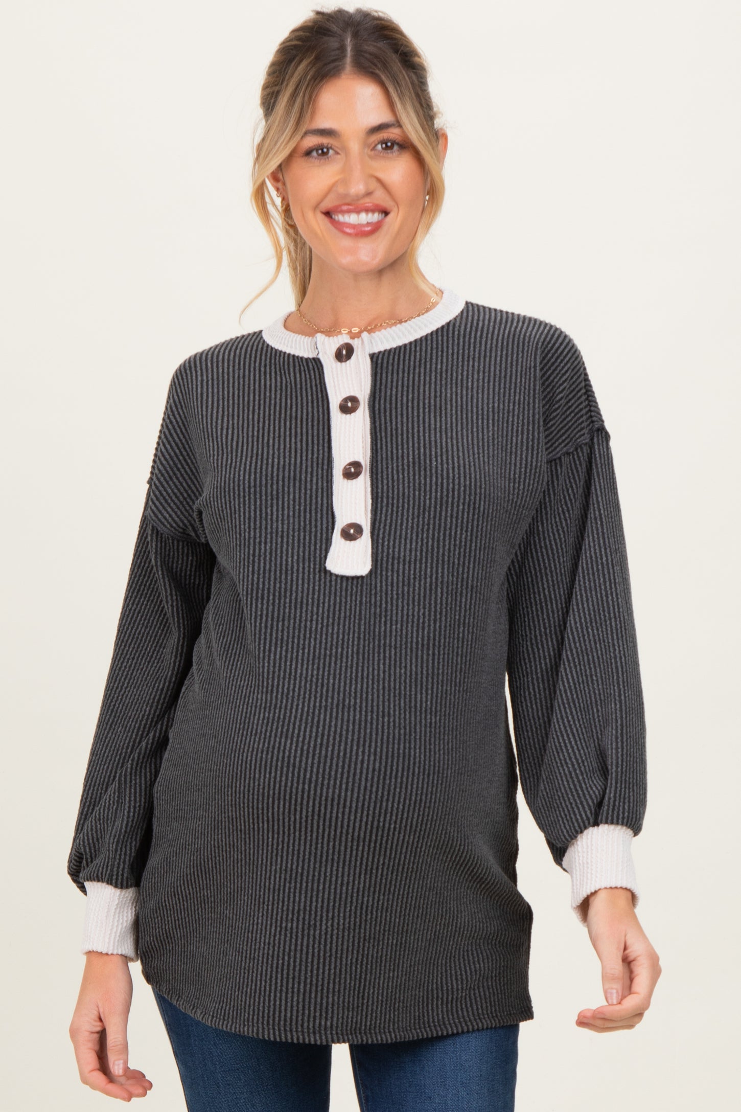 Charcoal Long Sleeve Contrast Button Detail Rib Maternity Top