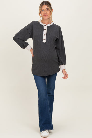 Charcoal Long Sleeve Contrast Button Detail Rib Maternity Top