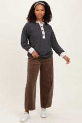 Charcoal Long Sleeve Contrast Button Detail Rib Top