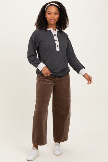 Charcoal Long Sleeve Contrast Button Detail Rib Top