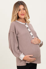 Mocha Long Sleeve Contrast Button Detail Rib Maternity Top