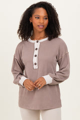 Mocha Long Sleeve Contrast Button Detail Rib Maternity Top