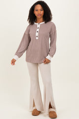 Mocha Long Sleeve Contrast Button Detail Rib Top