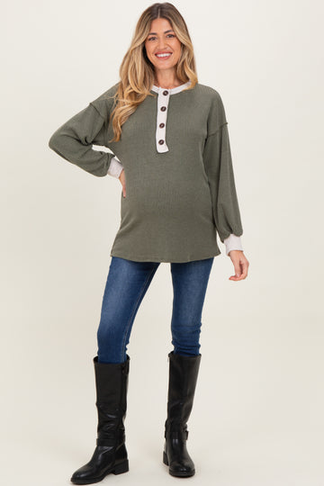 Olive Long Sleeve Contrast Button Detail Rib Maternity Top