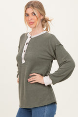 Olive Long Sleeve Contrast Button Detail Rib Top