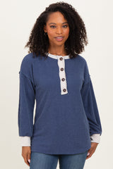 Navy Long Sleeve Contrast Button Detail Rib Maternity Top